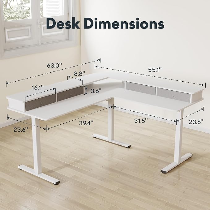 FLEXISPOT 63" L Shaped Standing Desk with Shelf Electric Corner... (White, 63x..