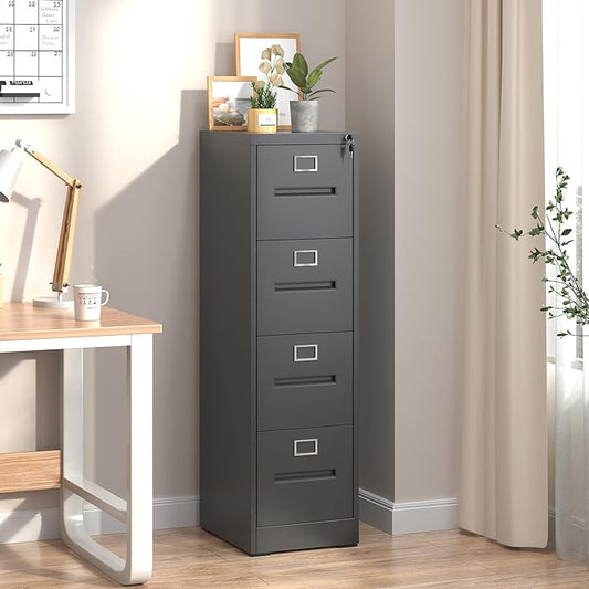 Yukimo 4 Drawer File Cabinet, Vertical File Cabinet with Lock, Metal Locking Filing Storage Cabinet for Home Office, Hanging Files for A4/ Legal/Letter, Assembly Required, Black