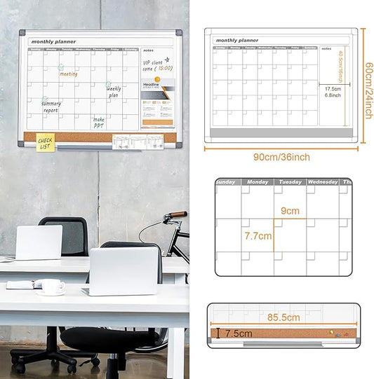 MAKELLO Dry Erase Calendar for Wall 36" x 24", Large Calendar Whiteboard with Cork Board for Office, Home, School, Family, Kitchen and Bedroom, 3' x 2'