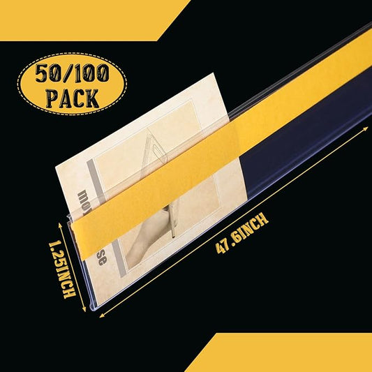 Fainne 50 Pcs 1.25 Inch Shelf Label Strip Holders Plastic Wire Shelf Price Tag Holder Self Adhesive Clear PVC Front and Back Labels Strip for Gondola Price Tag Wood Metal Rack, 48 Inches Long