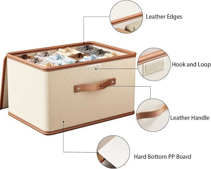 Tuza 2 Pack Storage Bins with Lids, Collapsible Closet Organizer Container, Fabric Organizer Box with Handles, Decorative Storage Boxes with Lids for Organizing Clothes, Books, File, White, Medium