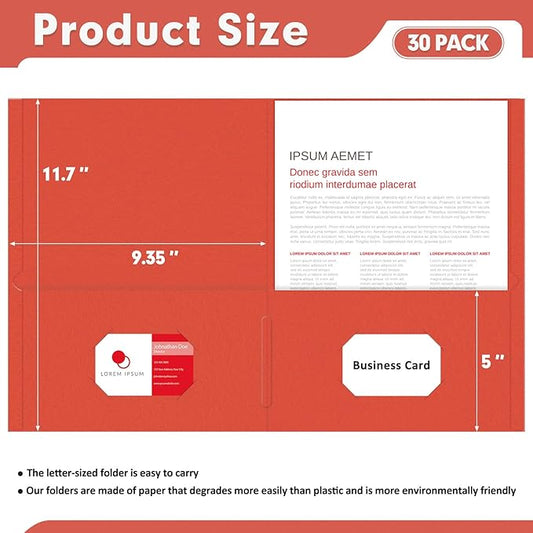 Two Pocket Folders, PANDRI 30 Pack 2 Pocket Folders, Letter Size Paper File Folder for School Office Home Business, Red