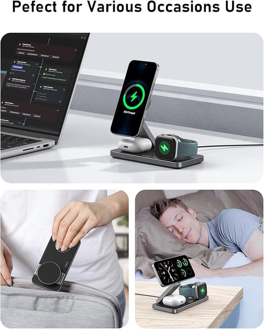 VBA 3 in 1 Wireless Charging Station for Apple MagSafe Charger,Foldable Fast Charging Magnetic Wireless Charger Stand,Travel Charger for iPhone 17 Air 16 15 14 13 12,Apple Watch,AirPods (Black)