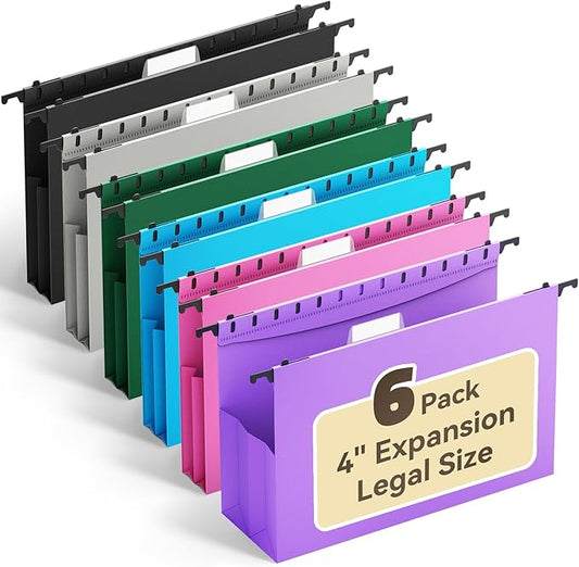 Ansook Legal Size Hanging File Folders Extra Capacity,Heavy Duty 4" Expandable File Cabniet Folder with 1/5 Tabs,6 Pack Plastic Hanging Folders,Hanging File Organizer for File Frame Box
