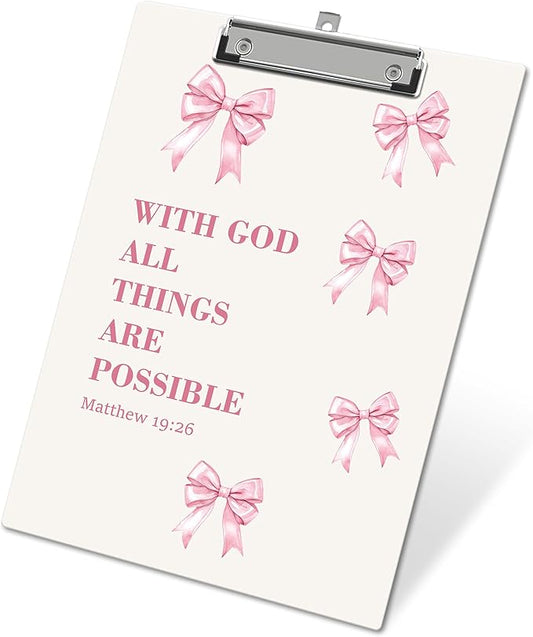 APIILVPQ Bible Verse Clipboard, Pink Bow Clipboards with Low Profile Clip for Office School Use, Christian Wooden Clip Boards for Nurses Teachers Students - B03