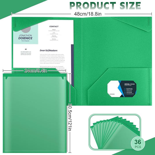 Henoyso 36 Pcs Plastic Folders with Clear Front Pockets Heavy Duty File Folders with 2 Pockets and Card Slot for Student Communication School Office Presentation Report (Green)