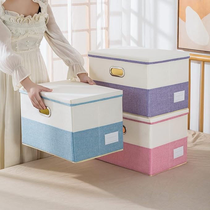 PRANDOM Large Foldable Storage Bins with Lids [3-Pack] linen Fabric... (Purple..