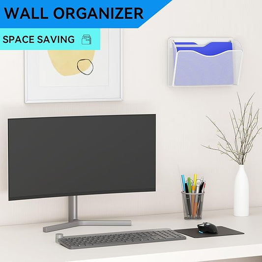 GDINDINFAN 6 Single Pocket Wall File Holder, Mesh Hanging File Folder Paper Organizer, Vertical Wall Mounted Mail Basket, Storage Organization Magazine Rack for Office, Home and School, White
