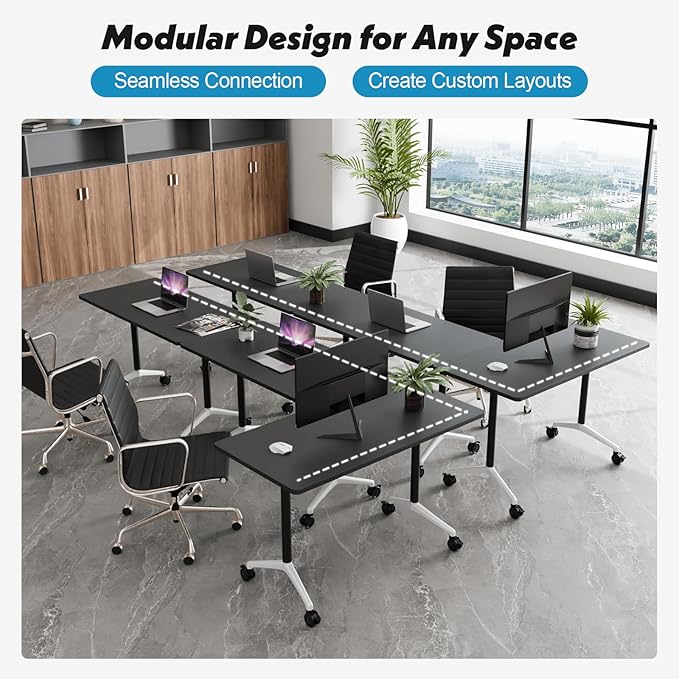 Goakwwuz Conference Room Table, Folding Conference Tables,Thicken Grey Tabletop,Flip Top Wooden Seminar Meeting Room Table for Conference Room Offices (10, Black, 47.2“)
