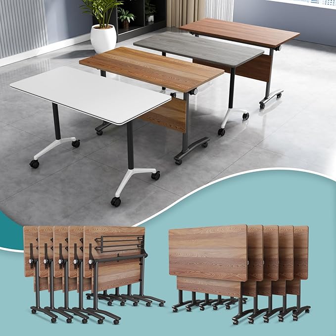 Conference Table Flip Top Mobile Conference Room Tables,Folding Conference Table with Wheels,Large Meeting Training Seminar Table Saving Space for Office Classroom(10B,61'')