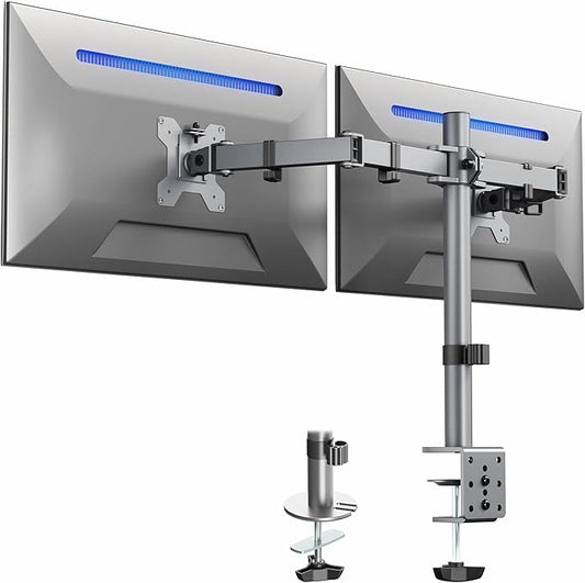 VIVO Dual Monitor Desk Mount, Heavy Duty Fully Adjustable Steel Stand, Holds 2 Computer Screens up to 30 inches and Max 22lbs Each, Gray Color, STAND-V002-GY