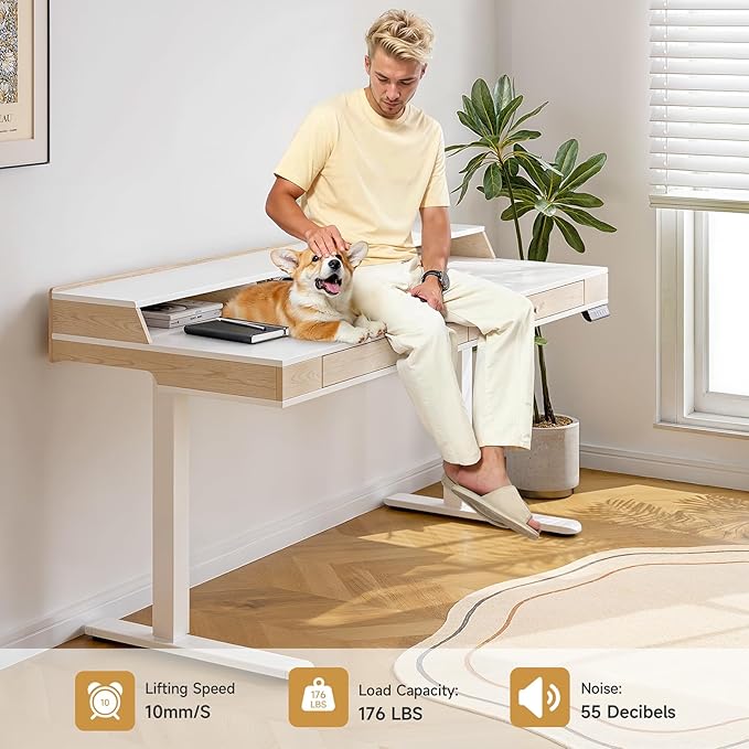 Standing Desk With Drawers, 47x23.6 Inch Electric Stand Up With Storage Shelf and Memory Controller, Adjustable Height 28-46 Inch for Computer Workstation, White