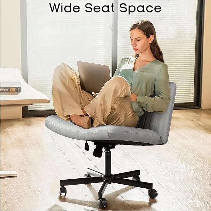 PUKAMI Criss Cross Chair with Wheels,Fabric Padded Armless Cross Legged Office Desk Chair for Home Office,Modern Swivel Height Adjustable Wide Seat (Grey)