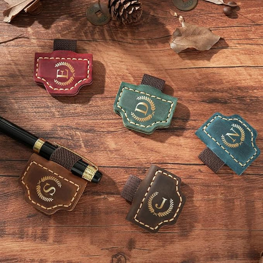 Personalized Mark Bookmark with Pen Holder, Leather Magnetic Book Marker 26 Letters,Custom Initials Page Marks, Gifts for Book Lovers Readers Men Women (Coffee, V)