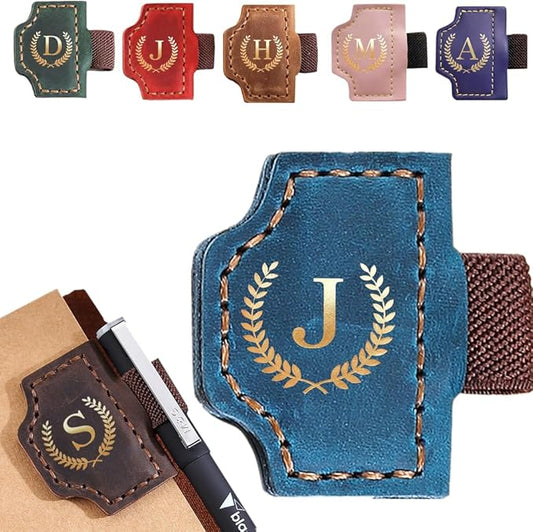 Personalized Mark Bookmark with Pen Holder, Leather Magnetic Book Marker 26 Letters,Custom Initials Page Marks, Gifts for Book Lovers Readers Men Women (Blue, J)