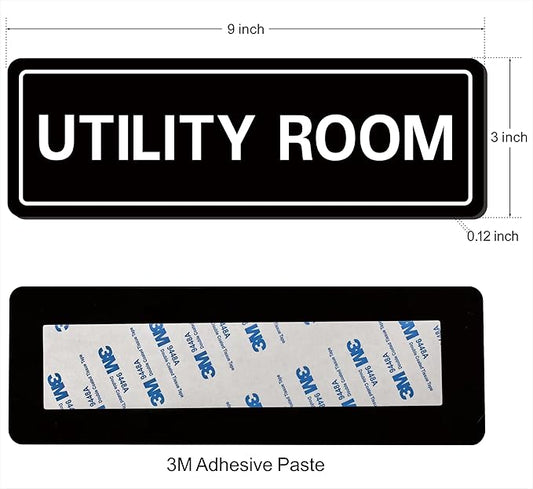 Utility Room Sign, Premium Durable Acrylic Material, Super Strong Adhesive, Quick Installation, Suitable for Your Home and Business (9 × 3 Inches, Black)