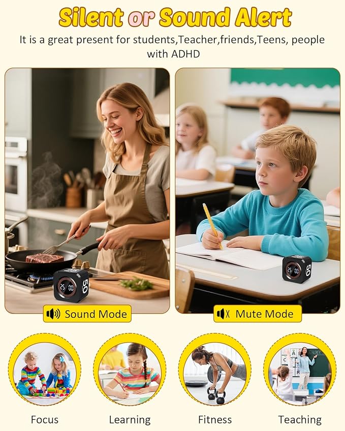 Digital Pomodoro Timer Cube 5/10/25/50min, Visual Productivity Flip Timer for Kids Classroom Desk, Custom Countdown, Silent and Sound Mode for ADHD Study Work Game Kitche(Black)