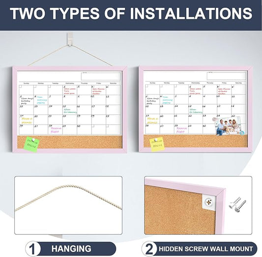 Dry Erase Calendar Cork Board Combo, 18x24 Inches Calendar Whiteboard for Wall, Magnetic White Board with Pink Wood Framed, Dry Erase Board for Planner Office Kitchen Home Memo
