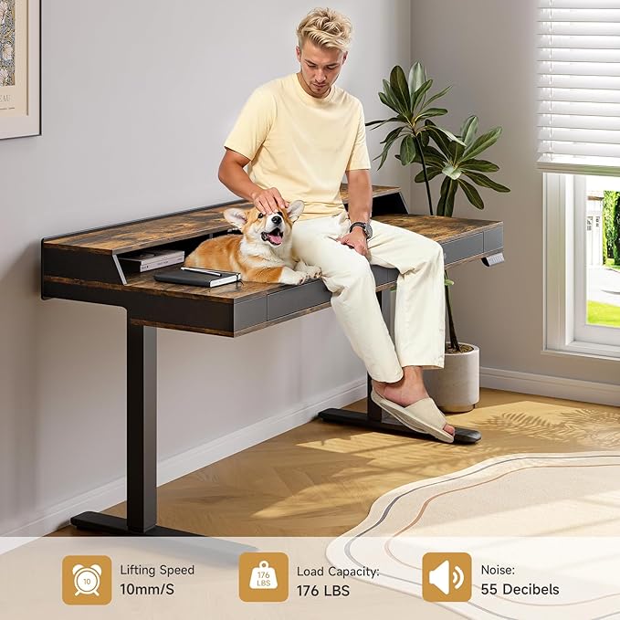 ONBRILL Standing Desk with Drawers, 55x23.6 Electric Stand Up Desk with Storage Shelf and Memory Controller, Sit Stand Desk Adjustable Height from 28-46" for Computer Workstation, Rustic Brown