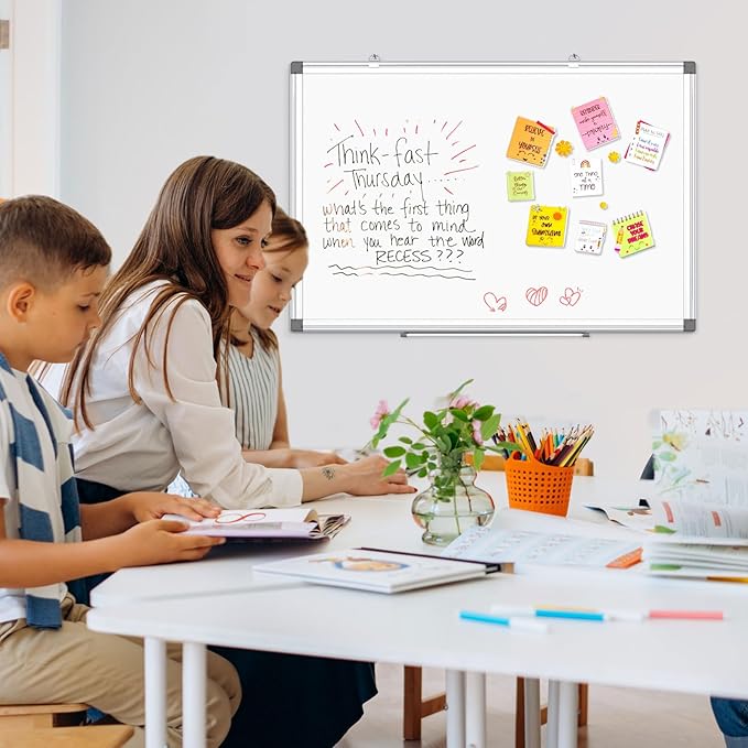 AMUSIGHT Double-Sided Magnetic Whiteboard, 24" x 18" Dry Erase Board Aluminum Frame for Wall, White Board Marker Board for Kitchen, Memo, School, Home, Office
