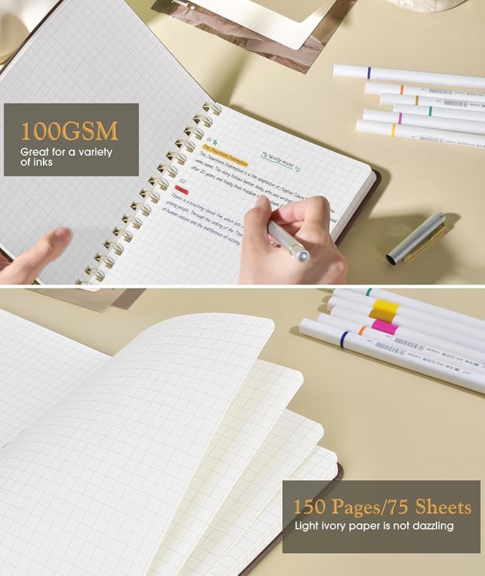 Office Prime Graph Spiral Notebook — A5, 5.75×8.38 in, 150 Pages, Dark Brown