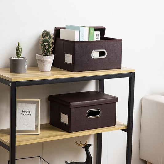 PRANDOM Collapsible Storage Box with Lid [3-Pack] Leather Fabric Foldable... (..