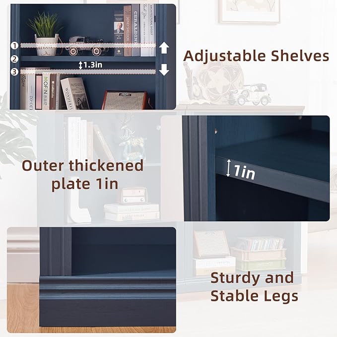 RWYHG 43" Blue Tall Bookshelf Set of 4,3-Tier Thick Wooden Book Shelf with Adjustable Shelves,Free Standing Farmhouse Bookcase with Open Display Storage,Floor Vintage Bookshelves for Living Room