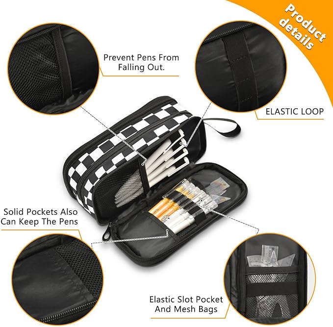 BOENLE Black White Checkered Pencil Case Box Boys Girls Large Pencil Pouch Zipper Compartments Big Capacity Stationery Pen Bag Organizer for Kids Teens Adults School