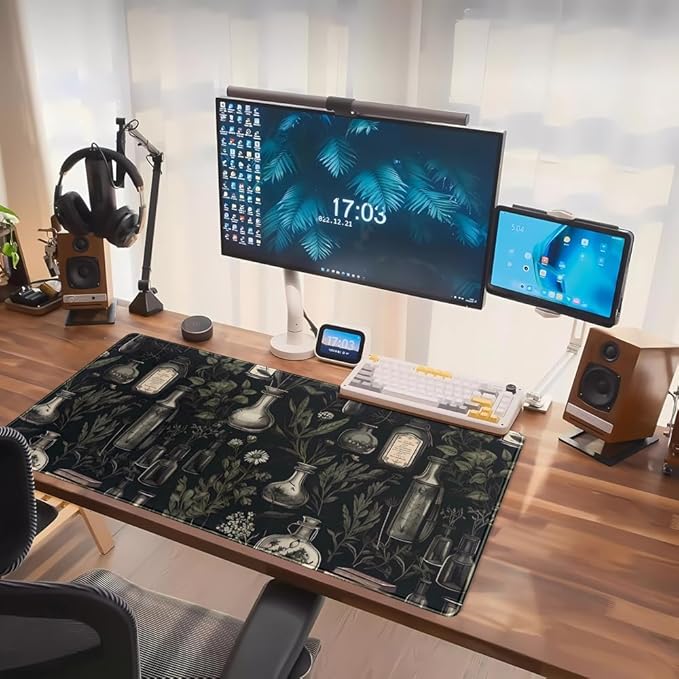Black Aesthetic Desk Mat - Vintage Large Gaming Flower Mouse Pad XXL Plant Wildflower Mousepad Extended Laptop Computer Keyboard Mat for Women Girl Office Decor 31.5x15.8 in