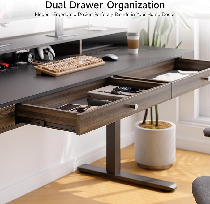 ONBRILL Standing Desk with Drawers, 55x23.6 Inch Electric Stand Up Desk with Storage Shelf and Memory Controller, Sit Stand Desk Adjustable Height from 28-46 Inches for Computer Workstation, Black