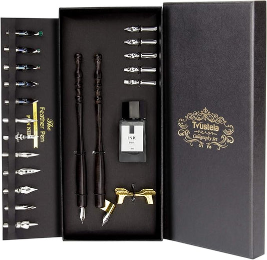 Trustela Calligraphy Set for Beginners — 19 Nibs, Oblique Pen Holder, Wooden Set