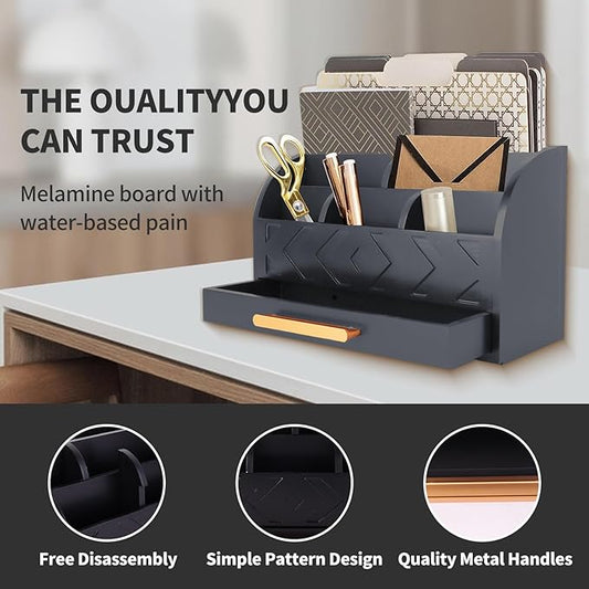 ZALIOJI Wooden Desk Organizer Mail Organizer Countertop, Desktop Organizer Mail Sorter Mail Holder Bill Organizer for Desk, Desk Organizers and Accessories for Women (Black)