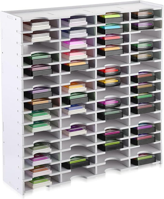 Sunnychicc 1 Pack 60 Grids Ink Pad Storage Holder Stamp Organizer, Ink Pad Stamp Holder Storage Rack for Home Office Crafts School Supplies, White