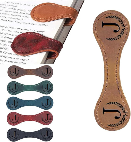 Personalized Magnetic Leather Bookmark, 26 Letters Custom Leather Bookmarks, Handmade, Leather Magnetic Bookmark for Book Lovers Readers Women Kid(Dark Yellow，J）