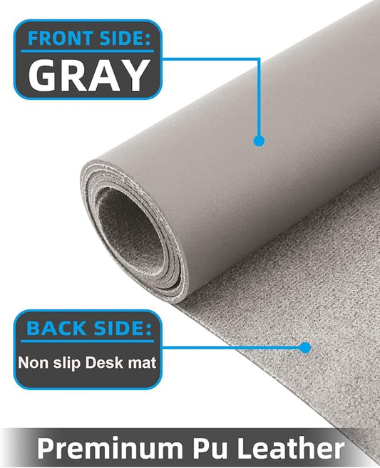 Leather Desk Pad Protector, Large Office Mat & Mouse Pad, Non-Slip Laptop Desk Blotter, Waterproof Writing Pad (Light Grey, 48" x 24")