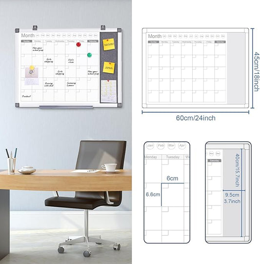 MAKELLO Dry Erase Calendar for Wall 24" x 18", Whiteboard Calendar and Grey Felt Board Combo for Office Home School