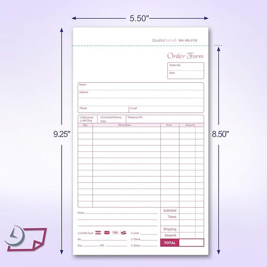 NextDayLabels - NCR Carbonless Order Forms, Bound Wraparound Cover, 50 Sets per Book. (5-1/2 x 8-1/2" - 2 Part)
