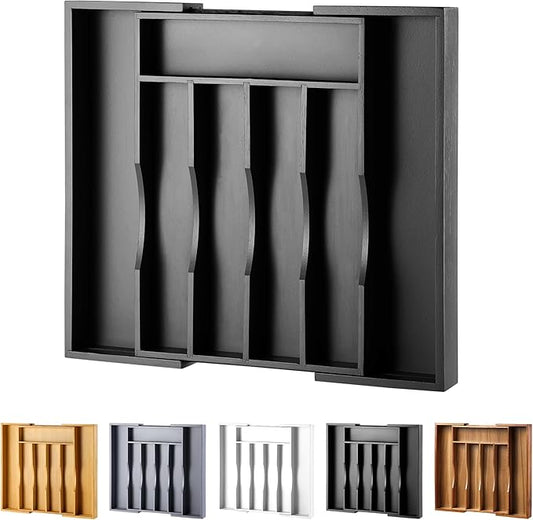 oridom Expandable Bamboo Kitchen Drawer Organizer for Cutlery and Utensils, Adjustable Bamboo Wood Cutlery Tray in Drawer for Flatware and Silverware in Kitchen, (Black)