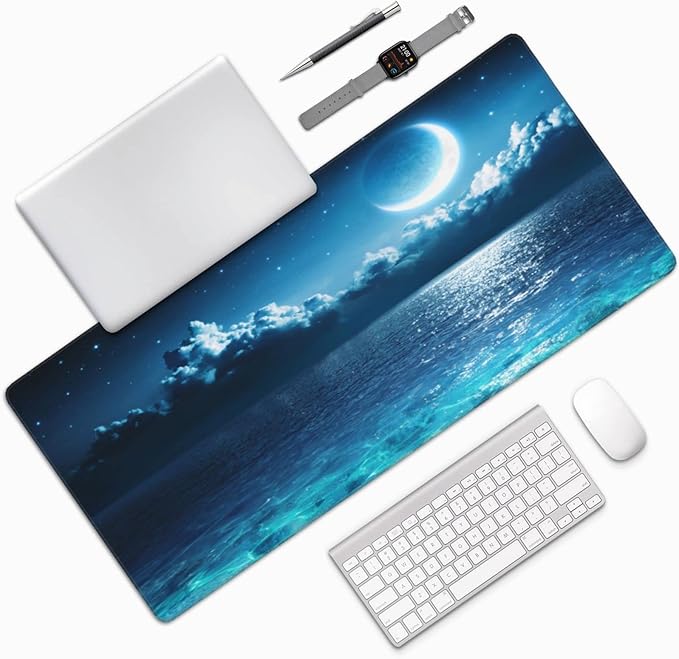 CANFLASHION Gaming Mouse Pad,Large Mouse Pads for Desk,Non-Slip Rubber Base Extended Mousepad,XXL Keyboard Mouse Mat,Computer Keyboard Desk Pad with Stitched Edges,35.4x15.8inch,Romantic Moon On Sea