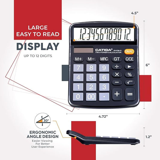 CATIGA Desktop Calculator (2 Pack) 12 Digit with Large LCD Display and Sensitive Button, Solar and Battery Dual Power, Standard Function for Office, Home, School, CD-2786 (Black/Silver)