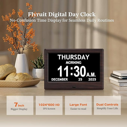 7'' Dementia Clock For Seniors, Large Display Digital Clock With Date, Time, Day Of Week for Elderly, Alzheimer, 1024*600P HD, 10 Reminders & 6 Alarms, Auto Dimming & DST, Remote Control, Brown