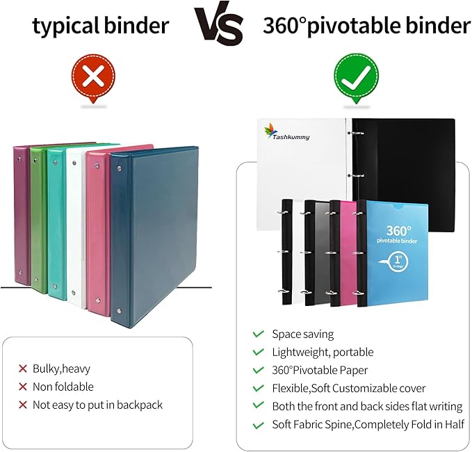 360° Pivotable 3 Ring Binder, Upgraded Foldable Binders 1 inch 2 Pack, Thin Small Three Ring Binder Fits 8.5" x 11", for Home, School and Office Binders Supplies - Black