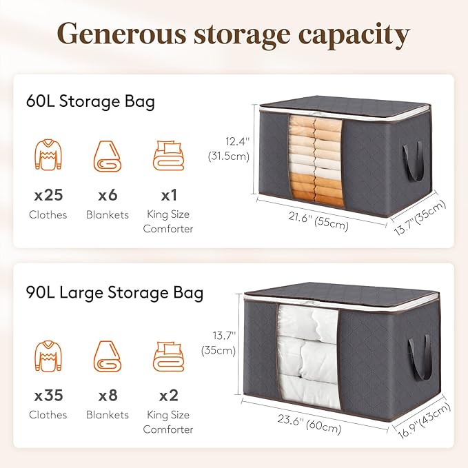 Lifewit 12 Pack Clothes Storage Bins with Lids, Foldable Blanket Storage Bags with Zippers, Clear Window and Reinforced Handles, Closet and Organization for Clothing, Sweater, Comforter, Bedding, Gray
