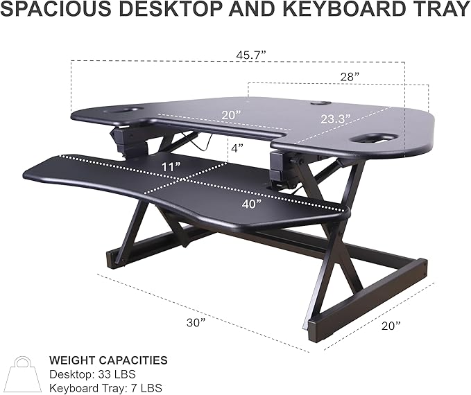 Rocelco 46" Height Adjustable Corner Standing Desk Converter with Dual Monitor Arm Mount Bundle - Sit Stand Up Tabletop Computer Workstation Riser - Extra Large Keyboard Tray - Black (R CADRB-46-MA2)