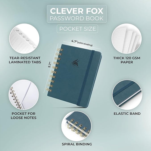 Clever Fox Password Book Spiral – Mini Internet Address & Password Organizer with Laminated Alphabetical Tabs – Small Password Keeper Journal – Hardcover, Pocket Size, 4.7x5.7” (Deep Sea)