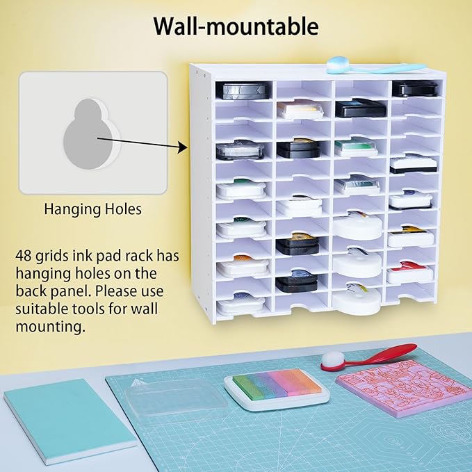 Krafetto 48 Grids Ink Pad Storage Rack, Wall-mountable Stamp Pad Organizer Holder Compatible with Slim Ink Pads（Grid Size 3" W × 3.9" D × 0.9" H）