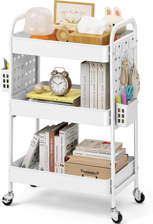 KINGRACK 3 Tier Rolling Cart with DIY Hanging Board, Metal Rolling Utility Cart with Wheels Handles Baskets Hooks, Rolling Storage Cart Suitable for Bathroom, Kitchen, Office, Nursery Diaper (White)