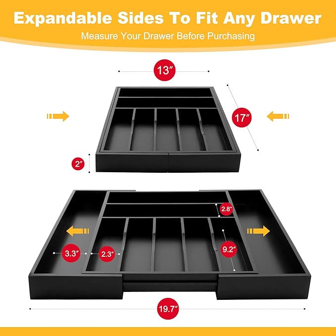 oridom Large Premium Bamboo Silverware Organizer - Expandable Drawer Organizer & Utensil Organizer - 17"x19.7" Cutlery Tray with Dividers for Kitchen Utensils and Flatware (7-9 Slots) (Black)