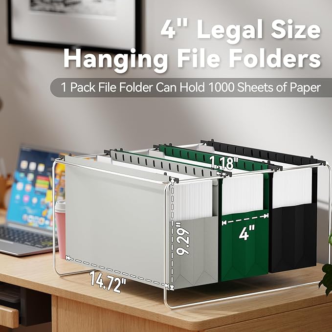 Ansook Legal Size Hanging File Folders Extra Capacity,Heavy Duty 4" Expandable File Cabniet Folder with 1/5 Tabs,6 Pack Plastic Hanging Folders,Hanging File Organizer for File Frame Box