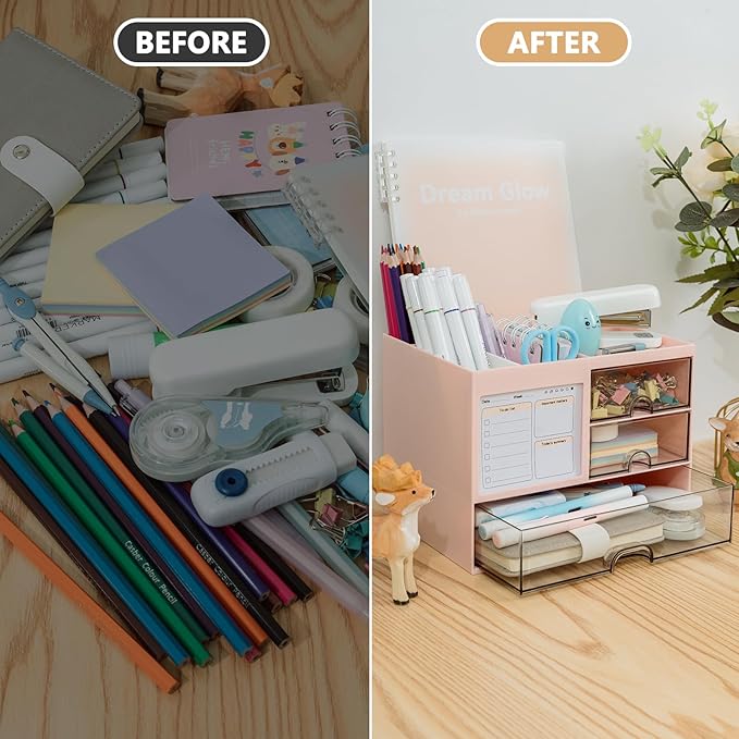 QIYVLOS Multi-Function Desk Organizer — 3 Drawers, 8 Compartments, Pink